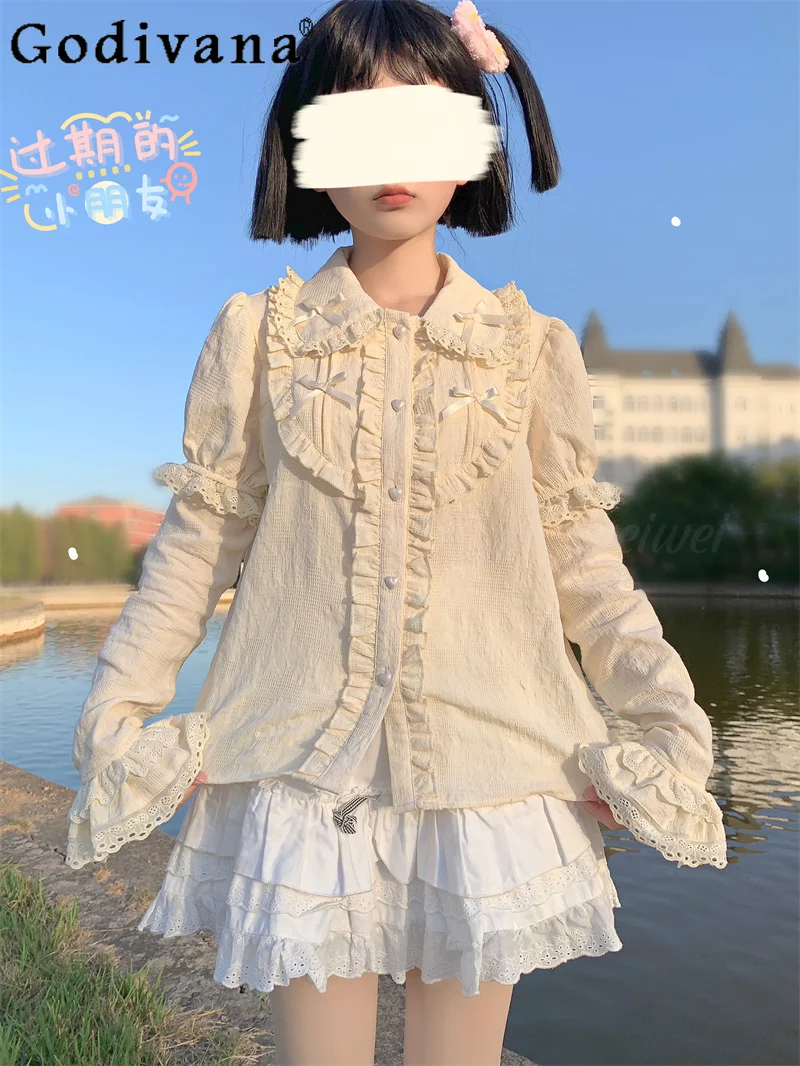 

Original Design Lolita Inside Shirt Girl Autumn Doll Collar Lace Long Sleeve Casual White Blouses Girl Sweet Cute Elegant Tops