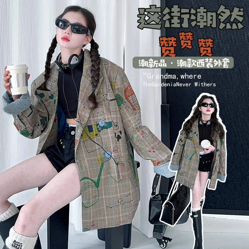 

Свободное универсальное пальто с принтом граффити, детские топы, одежда для подростков, весенне-осенний клетчатый пиджак для девочек, детская куртка Blast Street