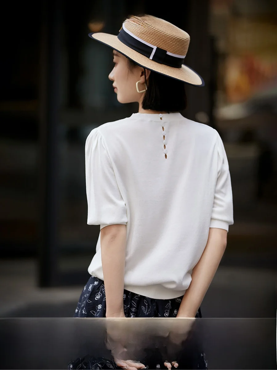 

Xhange Comfortable Knitted T-Shirt round Neck Five Sleeve Soft Breathable Commute Friendly Spring Summer Ladies Fashion