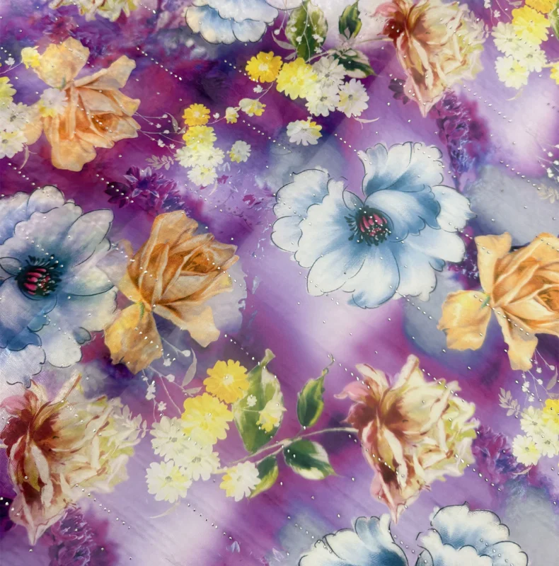 Floral Print Organza Fabric Hotfix Rhinestone Lightweight Sheer Dress Material for Wedding Party Decoration Sewing 5 Yards