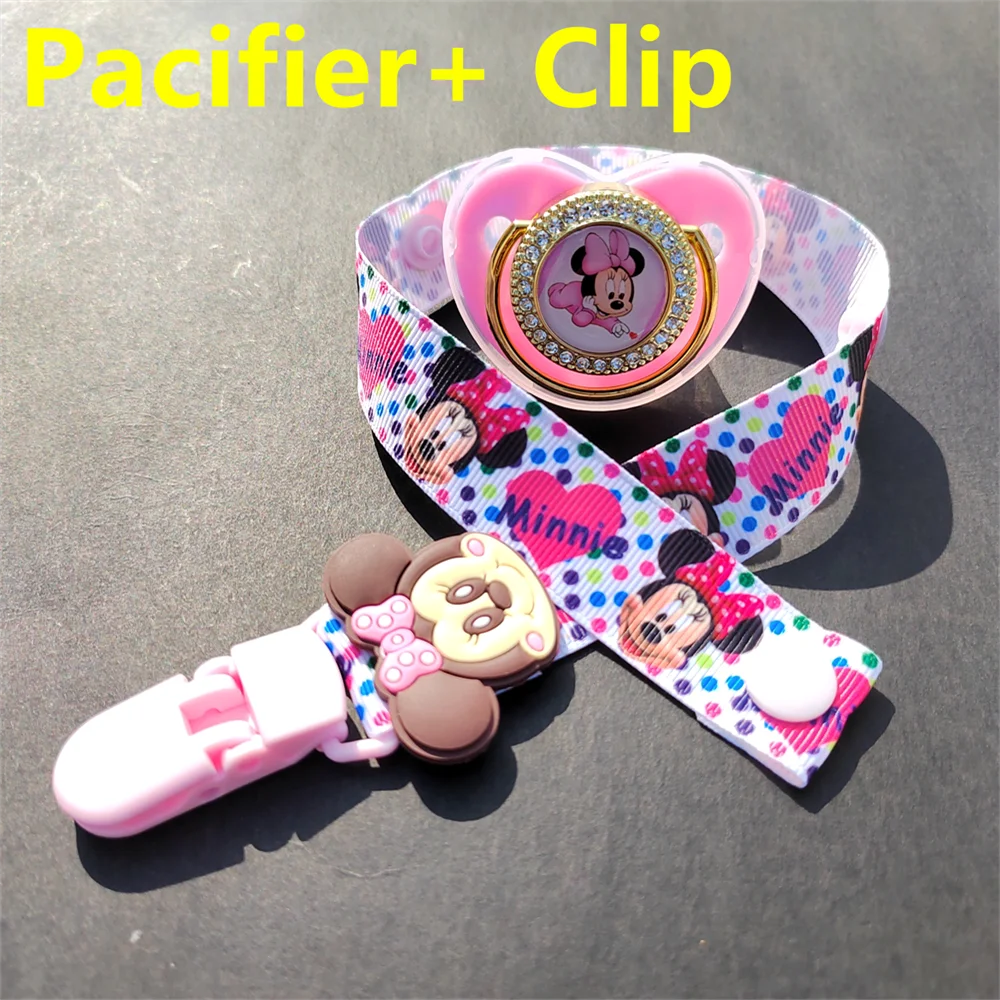 [1 Set] Minnie Mouse Minnie Mouse Cartoon Image Print Strap Pacifier Holder with Pink Rhinestone Blingbling Silica Gel Pacifiers