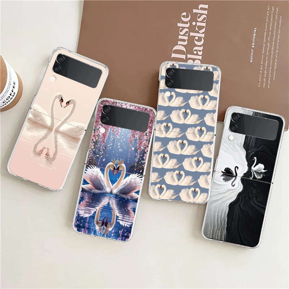 Phone Cover For Samsung Galaxy Z Flip 7 6 5 4 Case Transparent For Samsung Z Flip 3 Hard PC Foldable Elegant White Swan Design