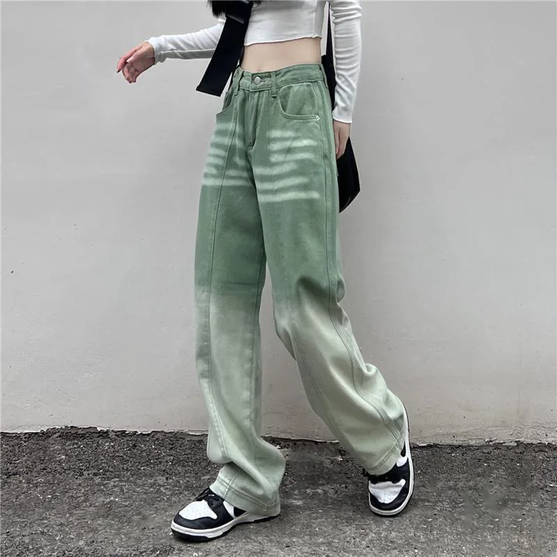 

Women Korea Style Gradient Color Jeans Spring And Autumn Commuting Version Pants Fashion High Waist Wide-leg Women's Trousers