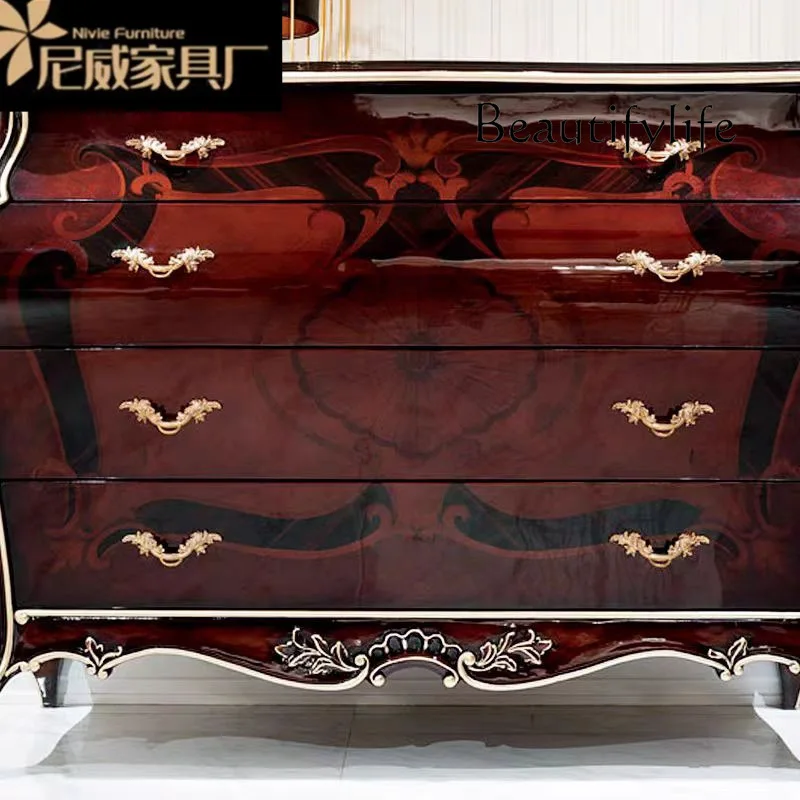 Neoclassical solid wood carving flower veneer parquet entrance table piano paint luxury entrance chest