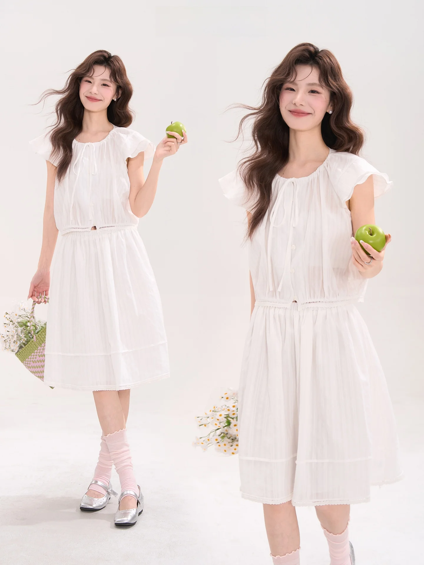 

Floral Window Heme Sweet Tea Korean Sle Dstring Svel irt f Skirt Two-Piece Set Women Summer Faion Outfit