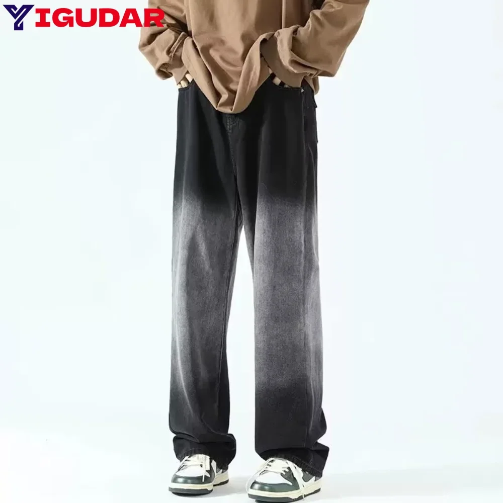 

Новые джинсы с градиентом и эластичной резинкой на талии, мужские свободные длинные джинсы с широкими штанинами y2k, уличная одежда, брюки-карго, мужские брюки hombre