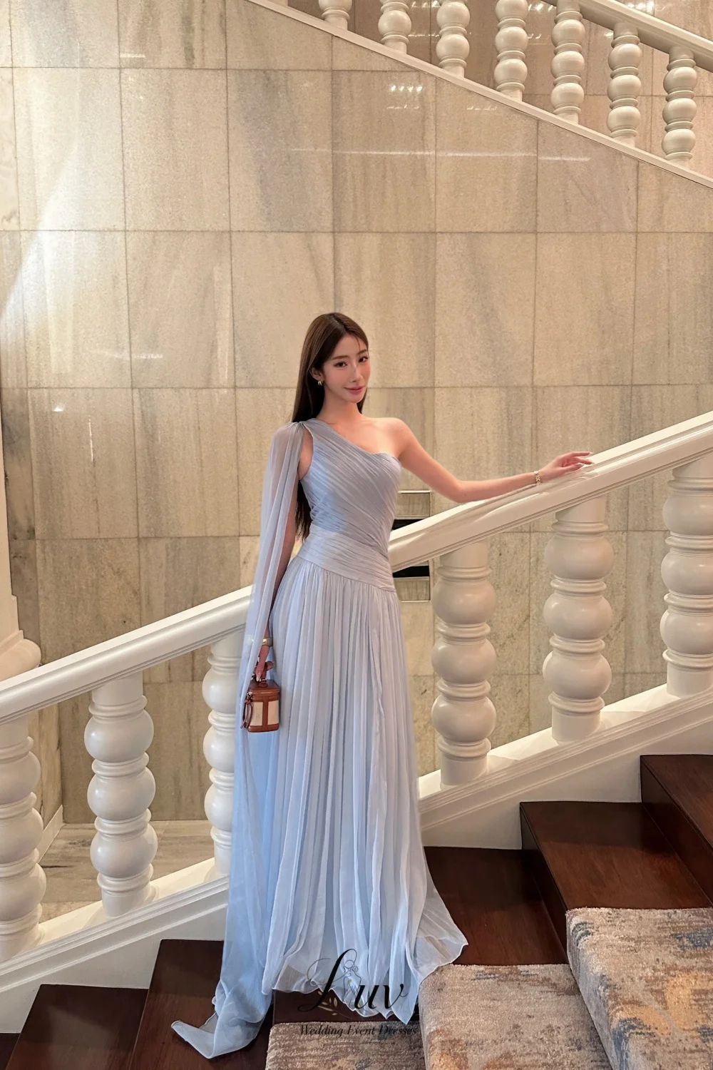 Luv Exquisite Chiffon Evening Dresses Women Scalloped Ribbons Vestidos De Fiesta One Shoulder Sleeveless Party Attire Customized