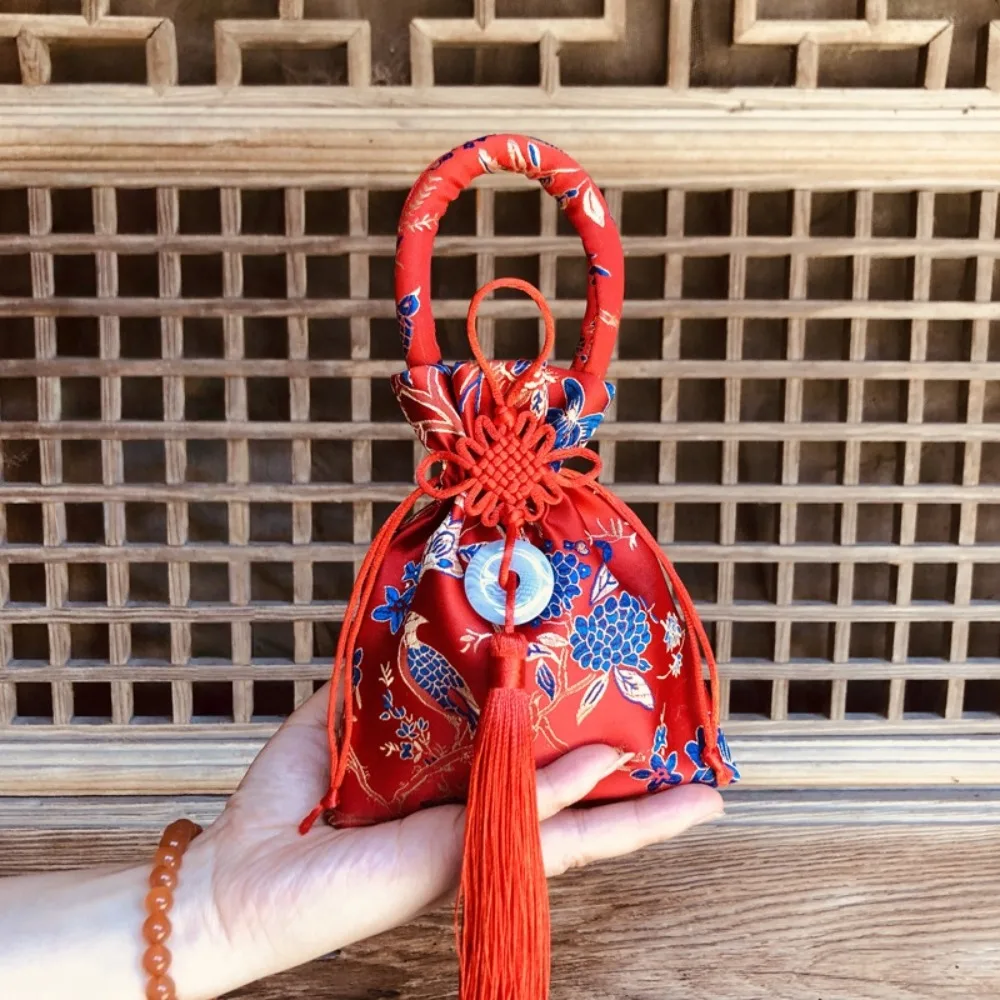 Chinese Style Canvas Flower Drawstring Bag Dragon Bird Festive Sugar Bag Phoenix Wrist Bag Chinese Knot Tassel Handbag Festival
