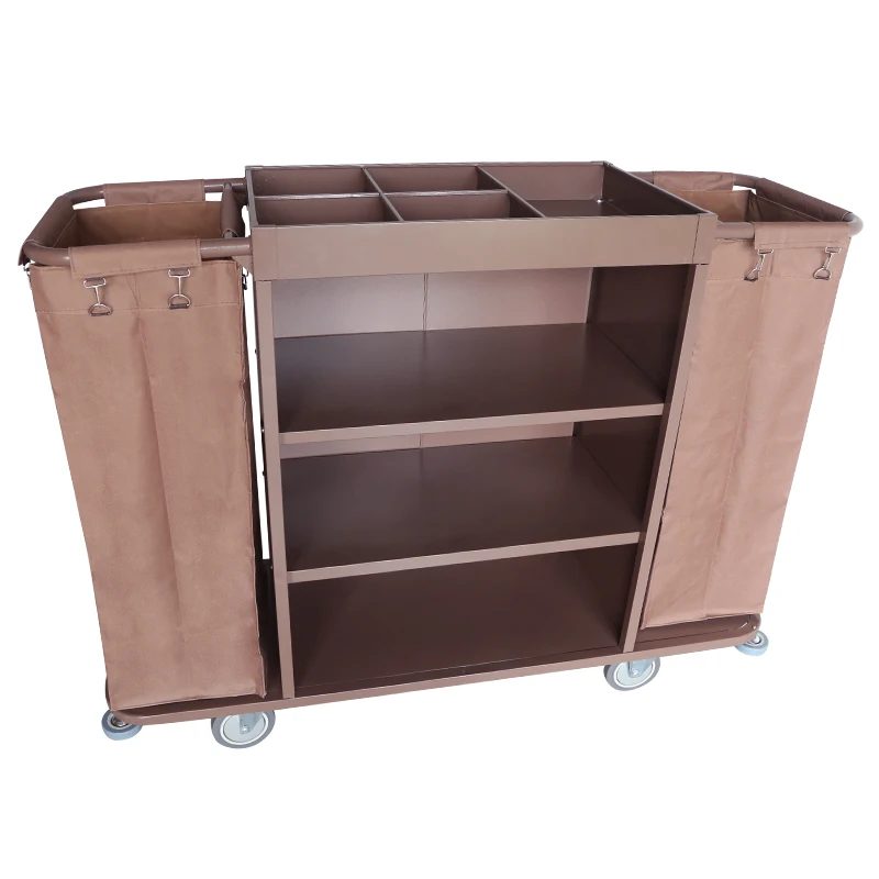 

2025KJ-F005 Hotel Room Cleaning Trolley Brown Metal Housekeeping Maid Cart Made of Steel and Iron Service Cart Tool Cart