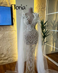 Women Dresses Elegant Party Illusion White Prom Dresses Cape Sleeve Ivory Pearls Evening Dresses Vestido De Bodas Novia Women