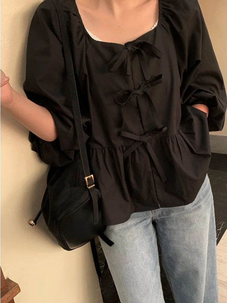 เสื้อเชิ้ตยาวทรงสวยเก๋สำหรับผู้หญิง ดีไซน์โบว์ผูกสไตล์เกาหลี ทันสมัย เหมาะสำหรับสาวๆ วัยรุ่น ไซส์เล็ก สีพื้น