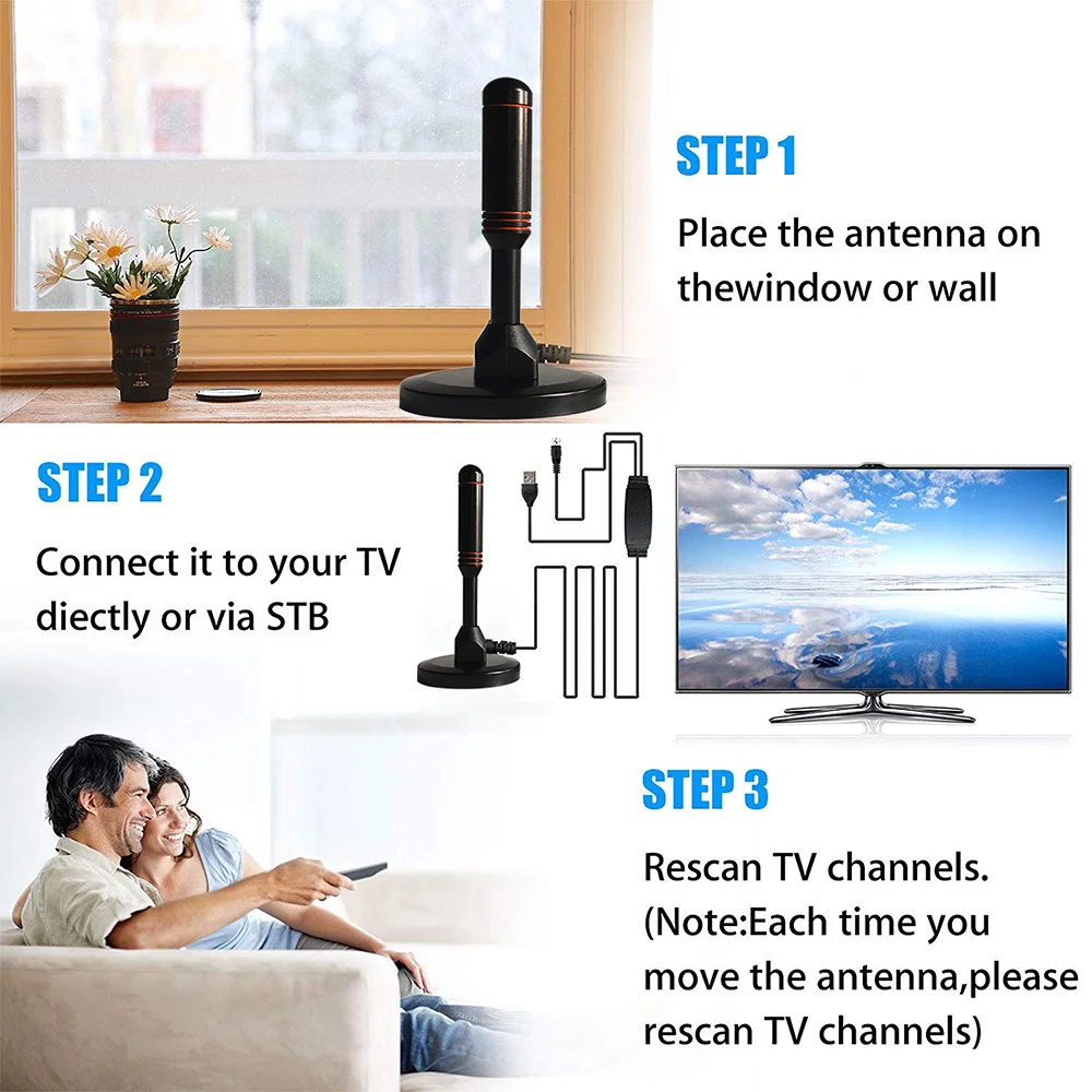 

Комнатная HD-антенна для телевизора, цифровая комнатная ТВ-антенна с усилителем сигнала, дальность 120 миль, поддержка 4K/1080P/UHF/VHF/Freeview HDTV