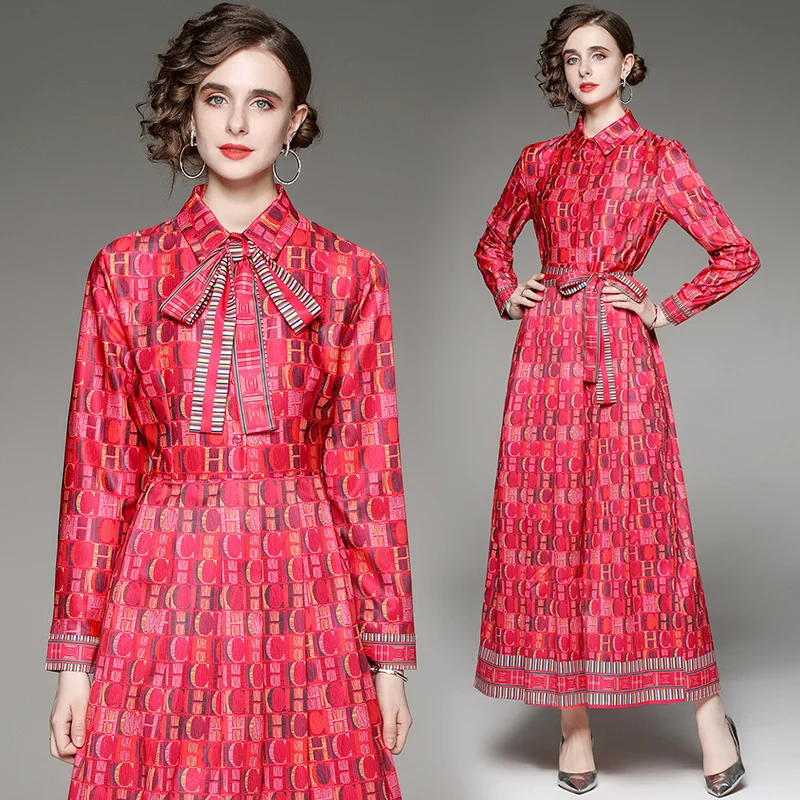 Spring and Autumn New European and American Women's Polo Collar Loose Lined Dress with Waist Collection and Letter Printed Skirt