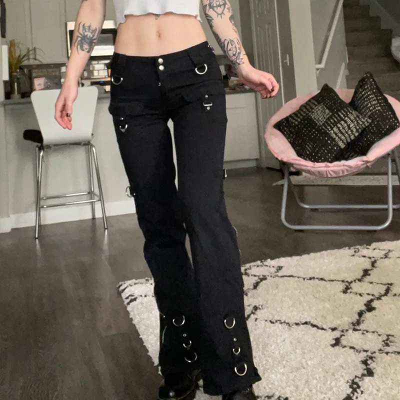 Dark Punk Y2k Grunge Low Waist Emo Jeans Mall Gothic Women Black Patchwork Electro Pants Fashion Streetwear Alt Clothes