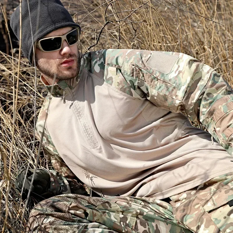

Men's Camo Tactical Combat Suit Hooded Shirt Multi-Pocket Cargo Pants Outdoor Hunting Airsoft Paintball Training Uniform