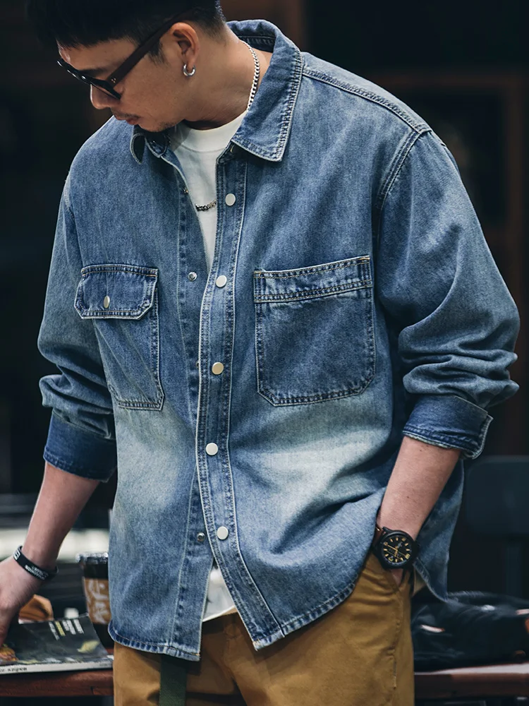 American Washed Gradient Denim Shirt Men's Long Sleeve Spring Autumn New Style Lyocell Retro Jacket Coat Youth Wear Cotton Le...