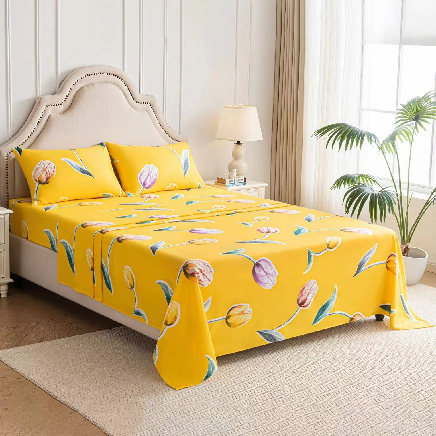 ملاءات قطنية ببطانة وأغطية وملاءة ، سرير فاخر في غرفة نوم ، حقيبة لجميع المواسم ، كينج أند كوين ، 4 line