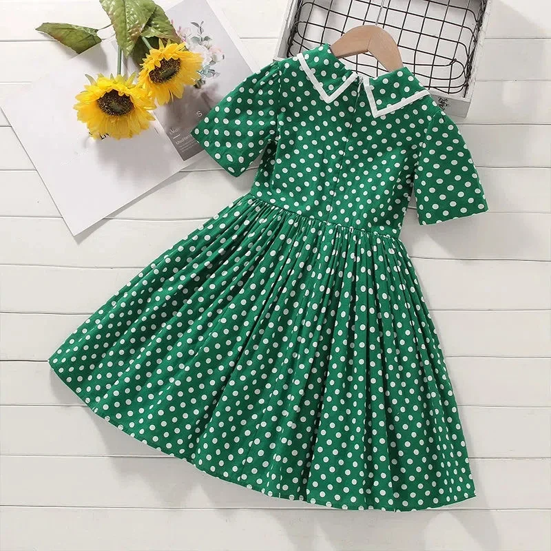 Bear Leader 2026 New Girls Summer Dress Short Sleeve Cotton Dot Green Retro Dress British Style Double Breasted Girls Dress