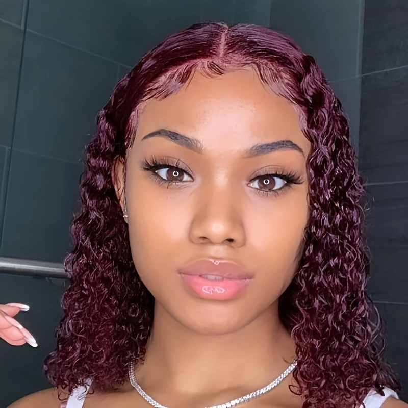 99j Wig Burgundy Wig Rambut Manusia 13X4 Wig Renda Transparan Wig Rambut Manusia Keriting Bob Pendek untuk Wanita