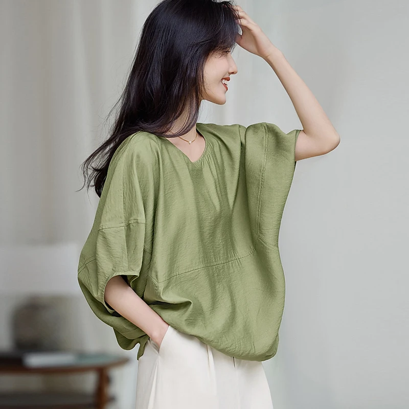

Women Retro Blouse 2025 Summer Loose Tops Casual Solid Bat Sleeve Female O-neck Blusa Femme Oversize Fashion Women Clothing