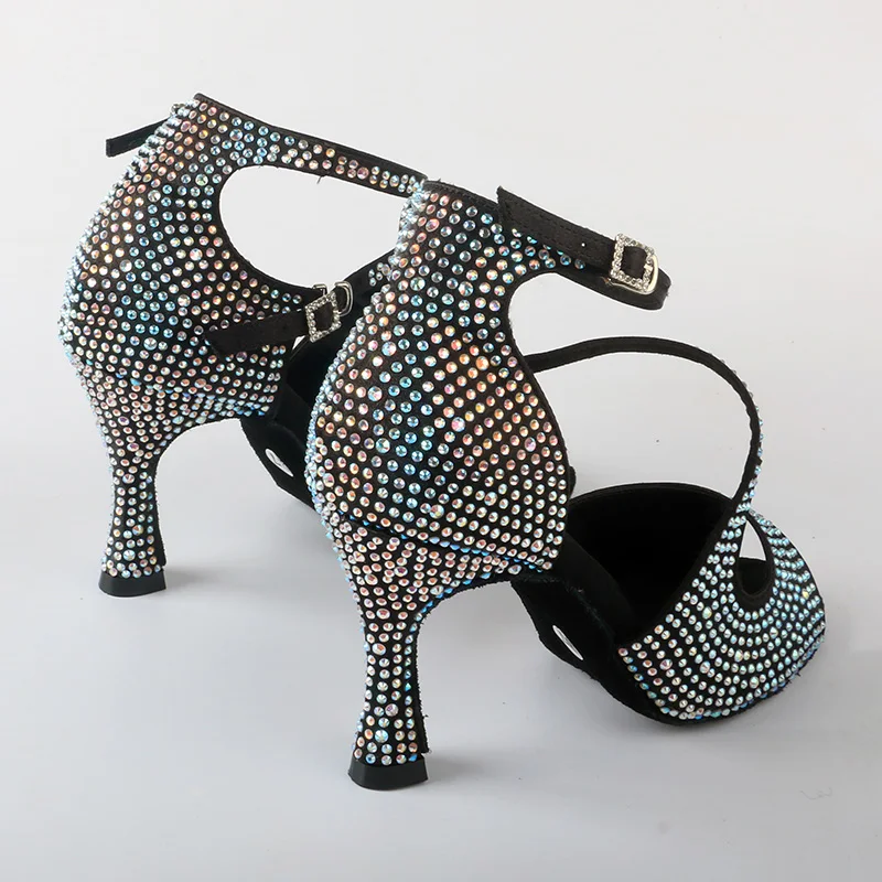 Venus Lure ที่กําหนดเองสุภาพสตรีรองเท้าเต้นรําบอลรูม Rhinestones Suede Sole ซาตินสีดําส้นเต้นรํารองเท้าแตะ 9 ซม
