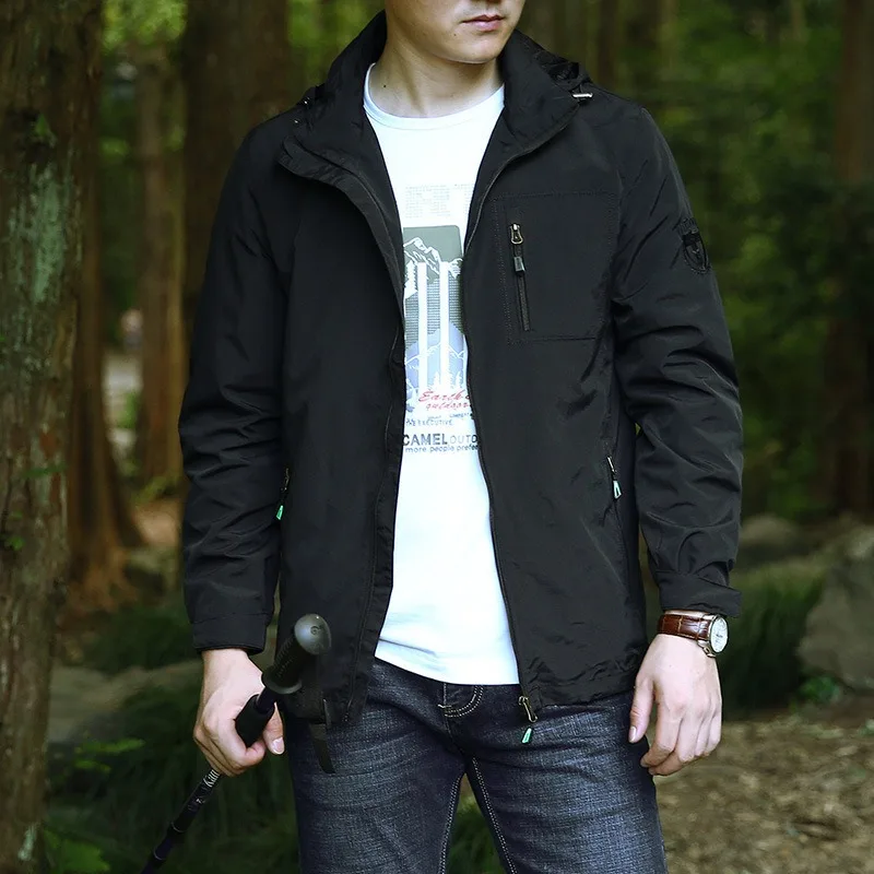 Spring and Autumn Thin Solid Color Embroidered Hooded Tooling Military Outdoor Leisure Travel Jacket Top Men's Jacket Jacket