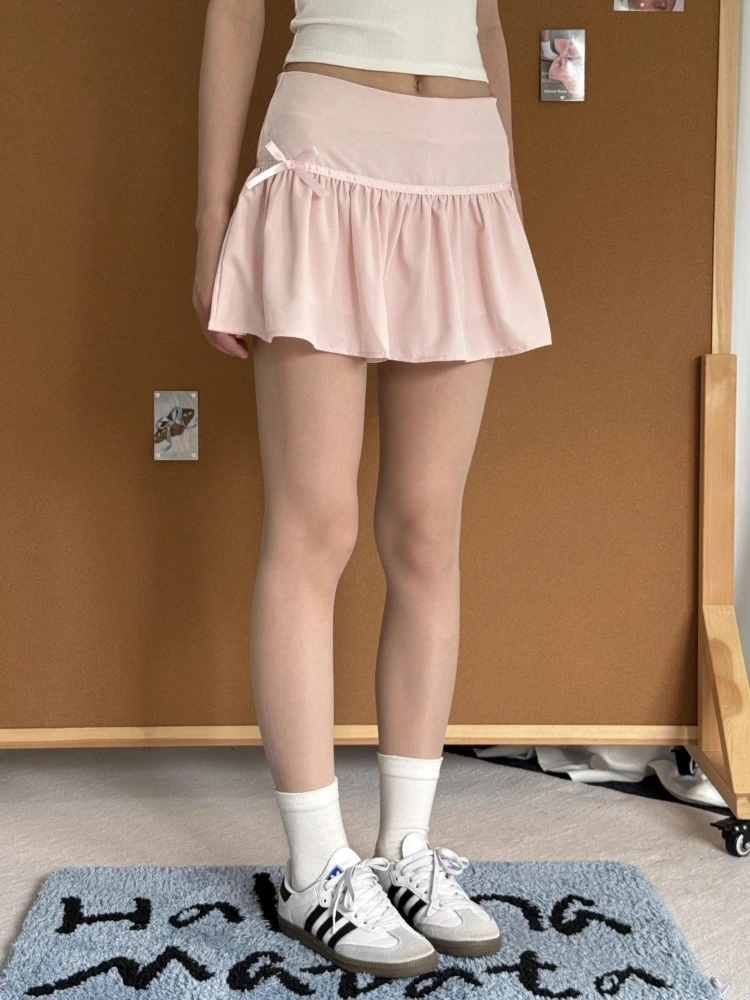 

Deeptown Sweet Pink Mini Skirt Women Bow Korean Style Elegant Kawaii Short Skirts Coquette Y2k Cutecore Summer Ruffles Skirts
