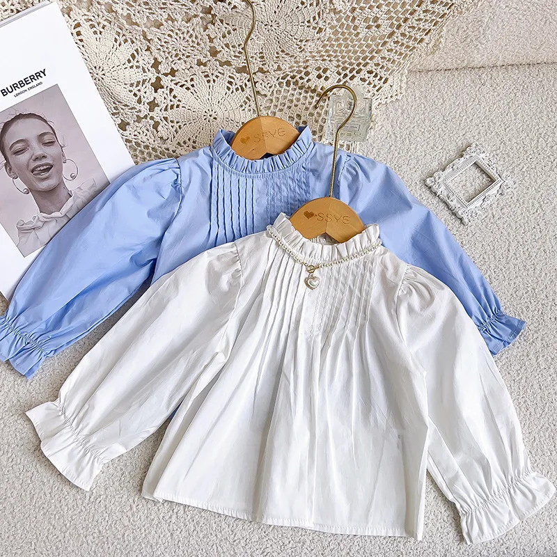 

Хлопковые рубашки для маленьких девочек, французские блузки с воротником-стойкой и длинными рукавами, весенне-осенние однотонные рубашки для девочек, топы, От 2 до 8 лет