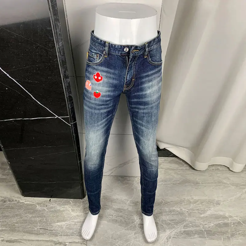 High Street Fashion Men's Jeans Retro Blue Elastic Slimming Ripple Jeans Stickers Designer Hip Hop Brand Painted Pants Hombre