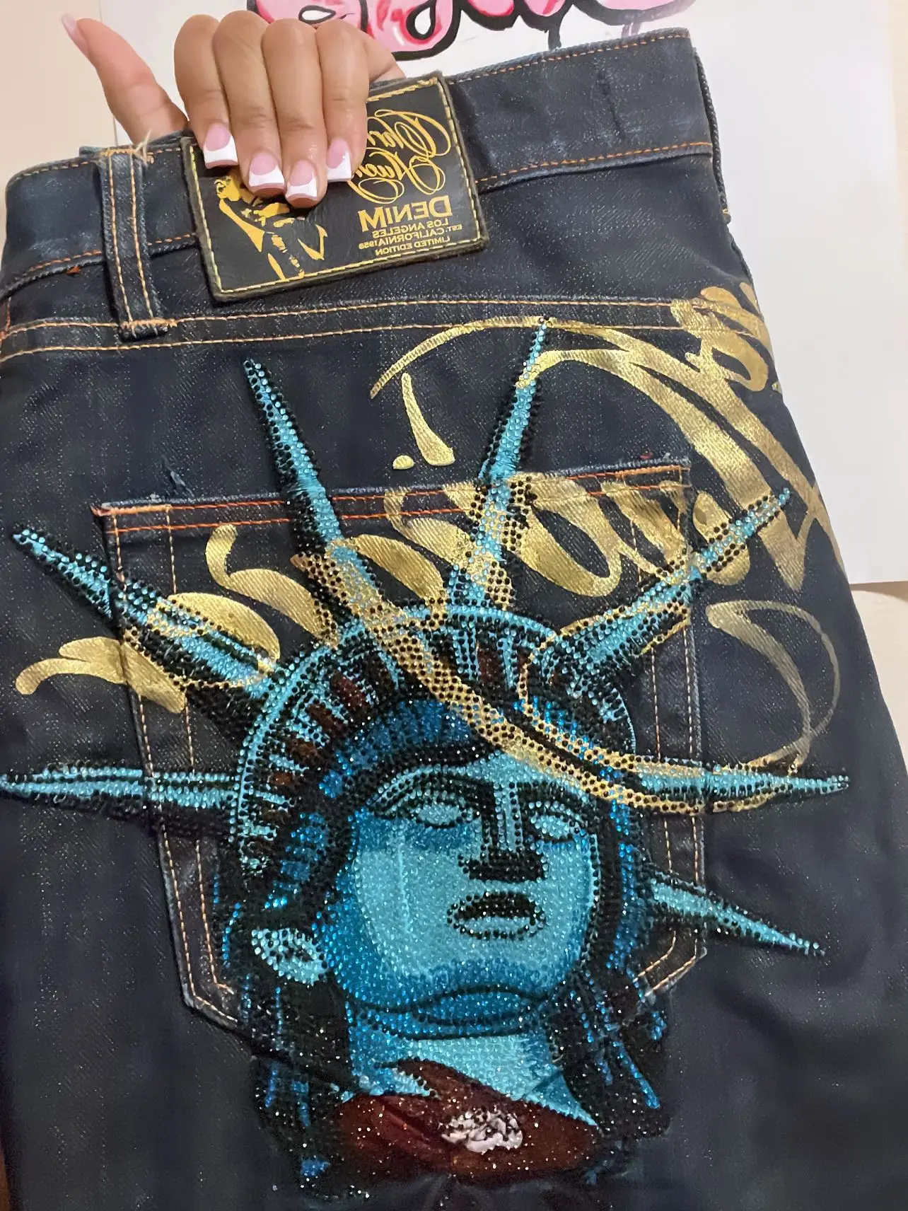 Y2k Hip Hop Statue of Liberty Rhinestone Jeans Casual Denim Pants Straight Wide Leg Jeans Harajuku Retro New York Women Clothing