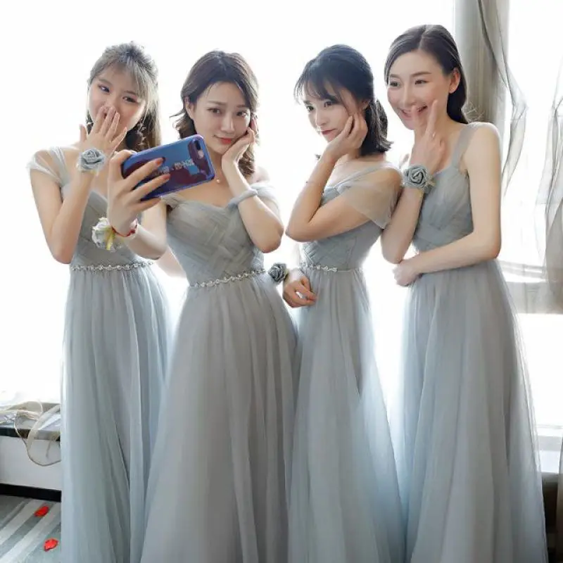 Custom Made Lilac Purple Bridesmaid Dress Grey Graduation Homecoming Gown Floor Length Tulle Wedding Party Dresses Crystal Waist