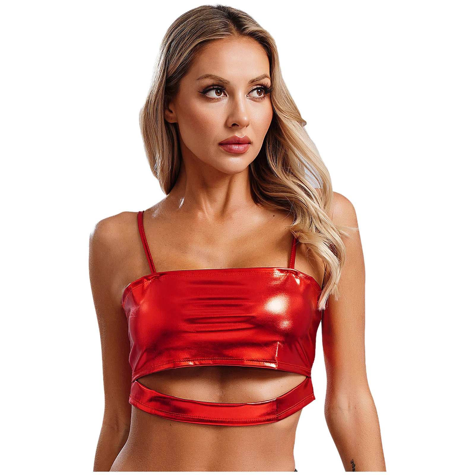 Hot Vest Women Shiny Metallic Cami Top Cool Girls Cut Out Slit Crop Top Sparkly Glitter Short Vest for Fashion Party Club Wear