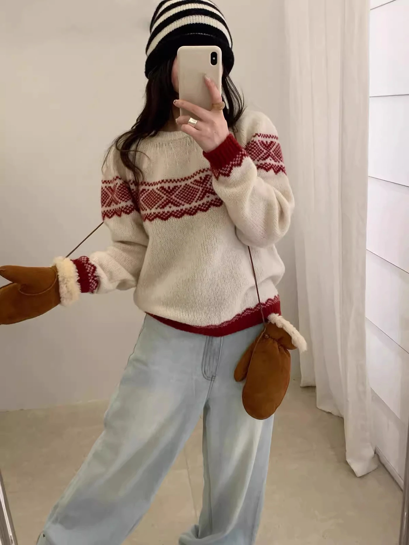 한국 슬레 여성 니트 스웨터 라운드 넥 풀오버 따뜻한 베이스 레이어 페어 아일 패턴 겨울 패션 캐주얼