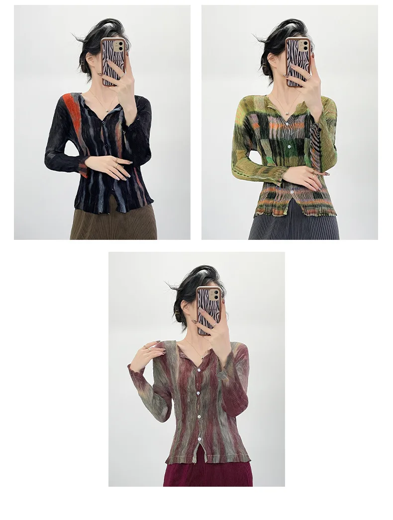 

Miyake Pleated 2026 Spring and Autumn Pleated Clothes Solid Color Wicker Cardigan Long Sleeve Autumn New Casual Tops Women