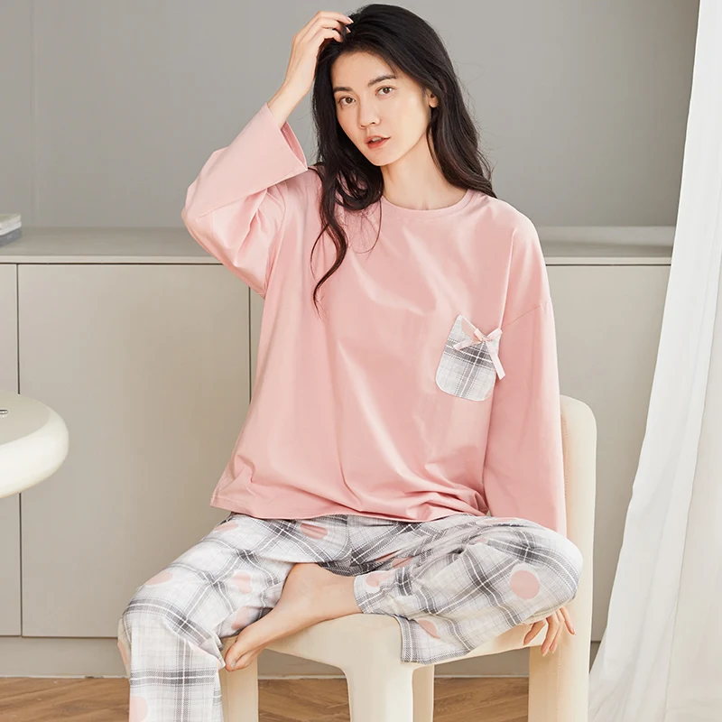 High Quality Spring And Autumn 100% Cotton Pyjamas Women Long Sleeve Casual Pajamas Set