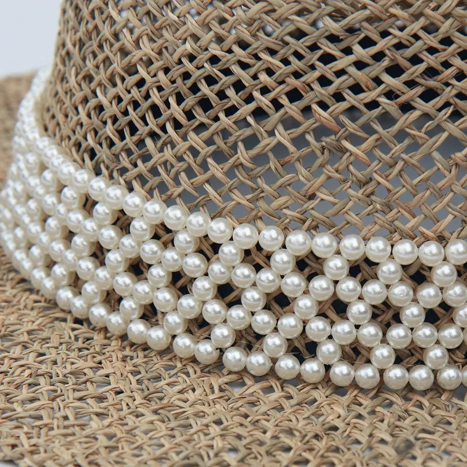 

Fashion Pearl Embellished Straw Hat - Women's Boho Beach Hat for Vacation & Street Style