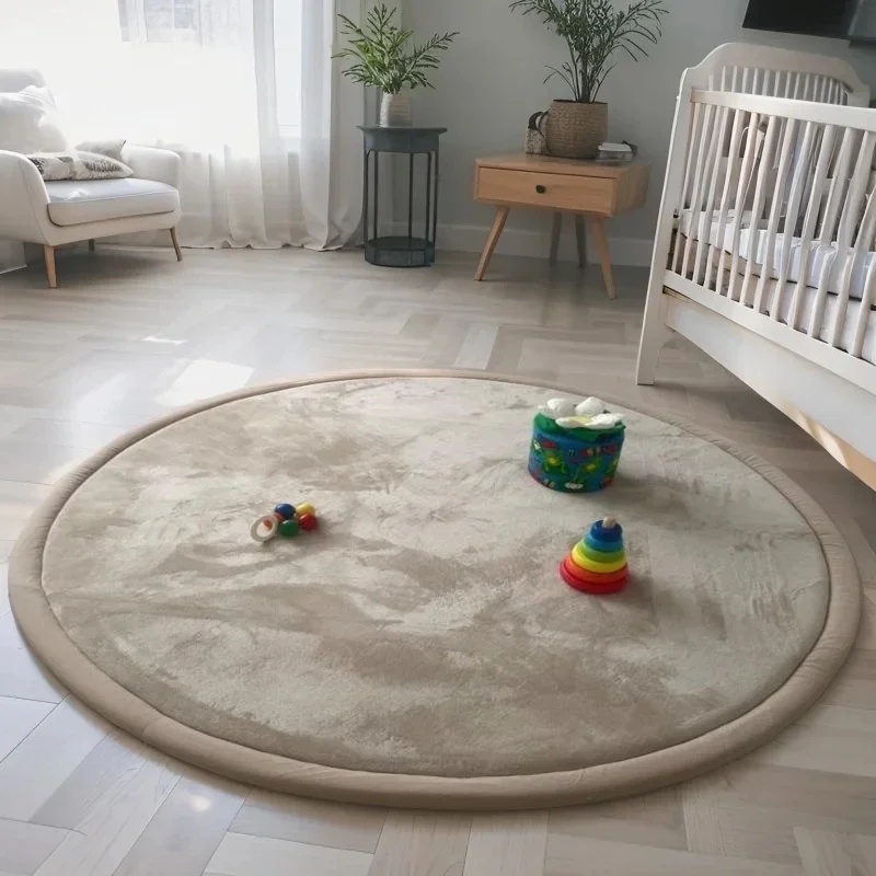 2CM Thick Coral Fleece Carpet Round for Bedroom Living Room Kids Play Area Rugs Baby Crawling Cushion Home Decor Camel Gray Rugs
