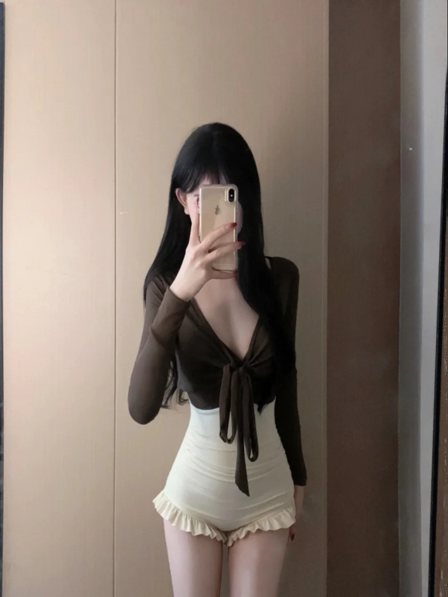 

Sexy Slimming Two-Piece Bikini One-Piece Thermal Spring Swimming Suit Women's Retro Sle Long Sve Fixed Chest Pad Casual ...