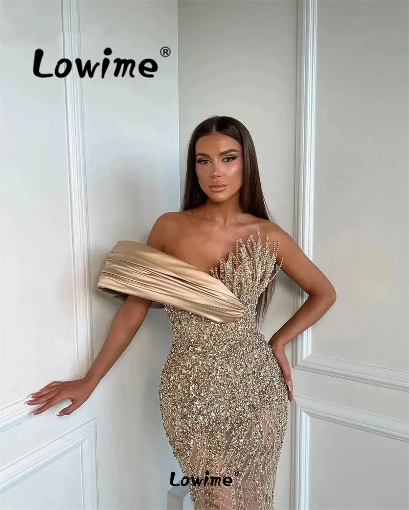 2024 Aso Ebi Champagne Mermaid Prom Dress Beaded Off Shoulder Evening Formal Party Birthday Engagement Gowns Robes Customized