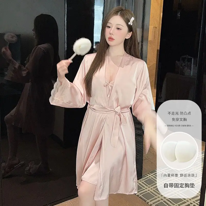 

Лето 2022, 2 шт., сексуальное кружевное белье, шелковые атласные ночные рубашки, комплекты халатов для женщин, корейские халаты, одежда для сна, ночная рубашка, ночное платье