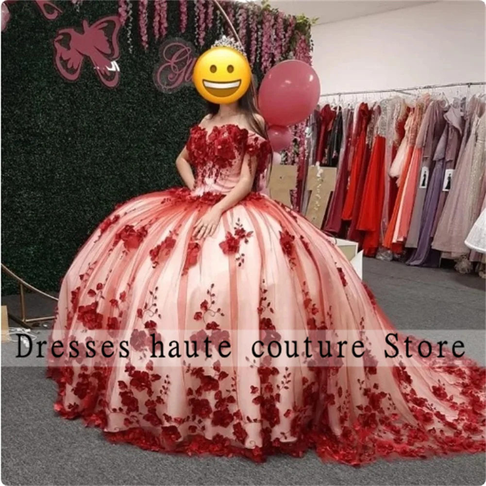 

Luxury Red Lace Quinceanera Dresses 2024 3D Floral Appliqued Beading Sweet 16 Dress Birthday Gowns Mexican Girls Brithday Wear