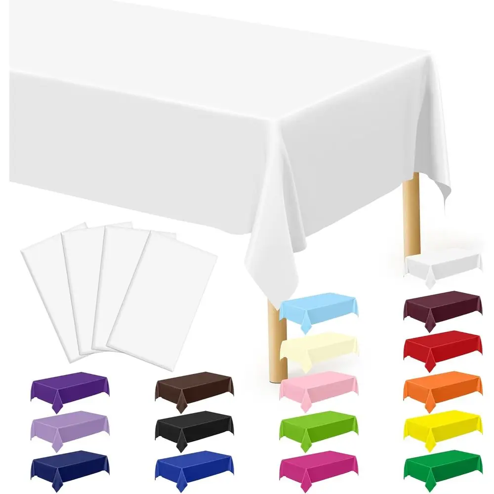 

4 Packs White Plastic Tablecloths, Durable Disposable Covers, 54 x 108 for Parties, Cleanup, Picnics, and Birthdays