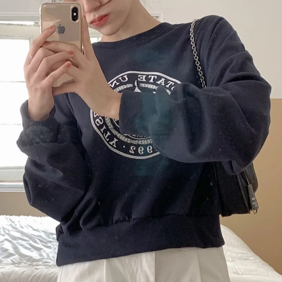 Chic Autumn Winter Fce Lined Thiened Letter Print round Ne Sweatirt Women's Vintage Design Anti-Aging Quali