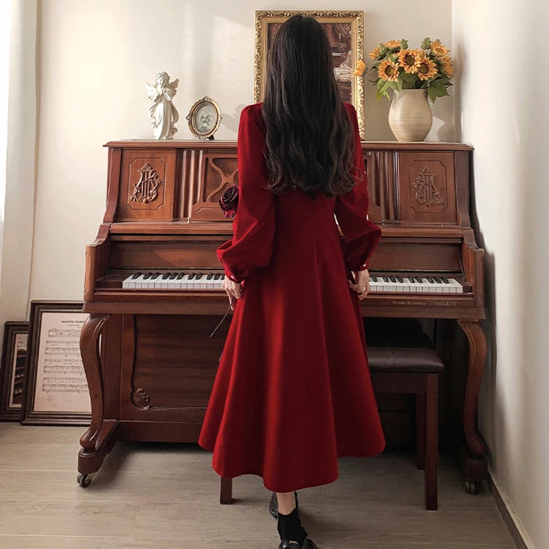 Elegant Velvet Cheongsam Long Dresses For Women Large Size Autumn Winter Loose Female Long Sleeve Red Vestido A Line Slim Robe