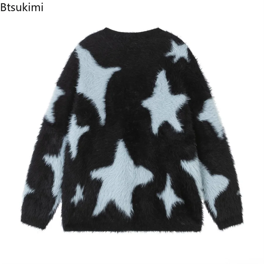 بلوفر رجالي على شكل نجمة لعام 2025 سترات محبوكة فضفاضة للخريف والشتاء للزوجين برقبة دائرية وأكمام طويلة سترات غير رسمية