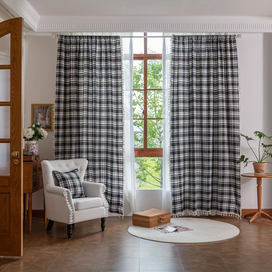 1PC Minimalist Tassel Sheer Curtains, Black White Plaid, Digital Print, Linen Polyester, Bedroom Living Room, Home Decor