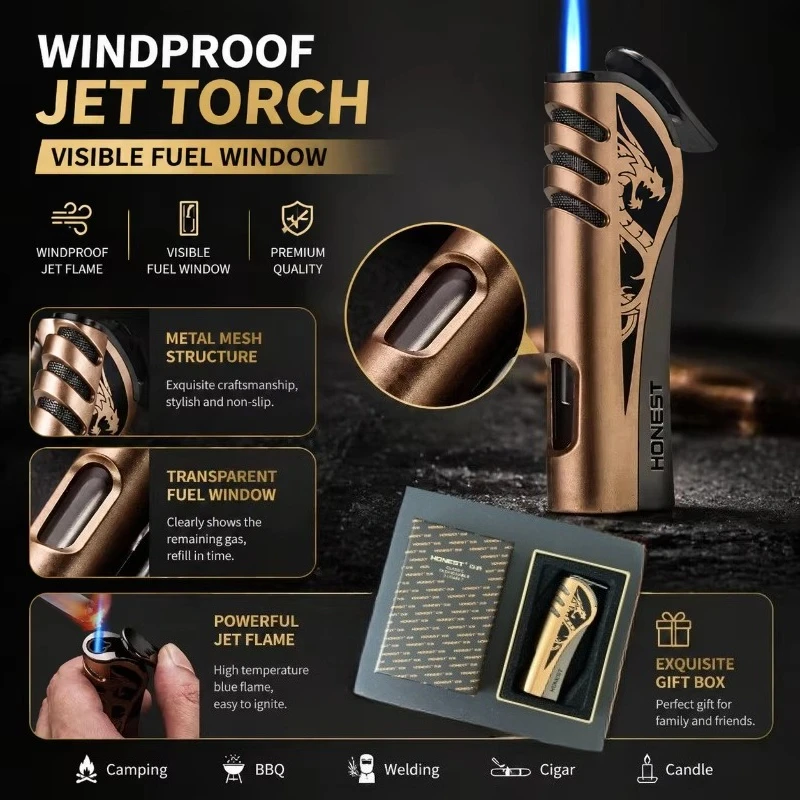 Dragon Etched Jet Torch Lighter Metallic Bronze Shell Visible Fuel Window Anti‑slip Outdoor Collectible Gadget Myth Beast