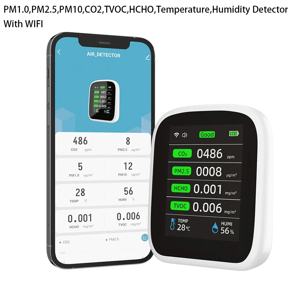 Portable LCD Air Quality Meter 3 in 1/8 in1 WiFi PM1.0 PM2.5 PM10 CO2 TVOC HCHO Temperature and Humidity Tester with Voice Alarm