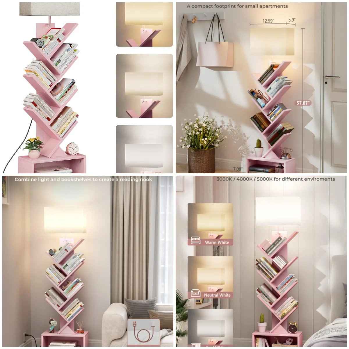 

6-уровневая розовая книжная полка с подсветкой, узкий напольный книжный шкаф для гостиной, спальни, домашнего офиса