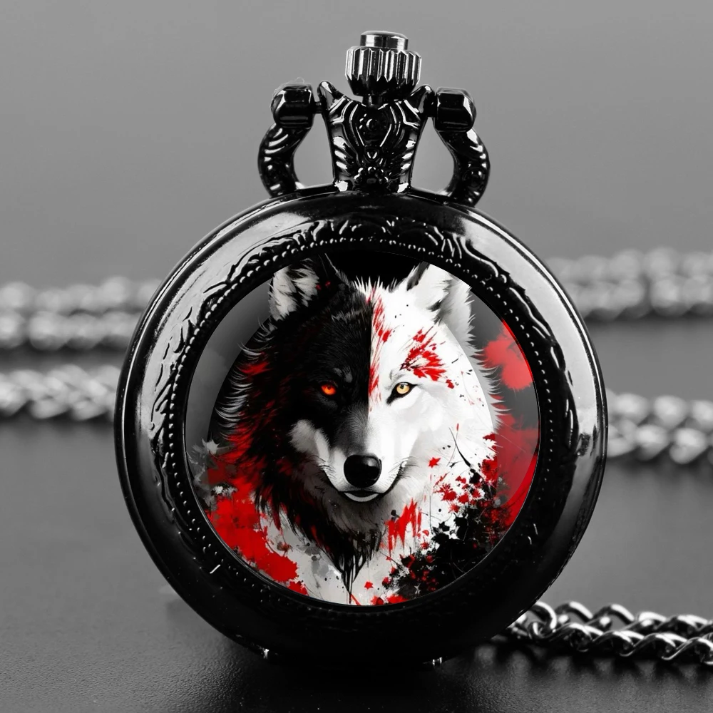 Black and White Wolf Design Glass Dome Fashion Arabic Numerals Quartz Pocket Watch Necklace Pendant Chain Mens Women Gifts